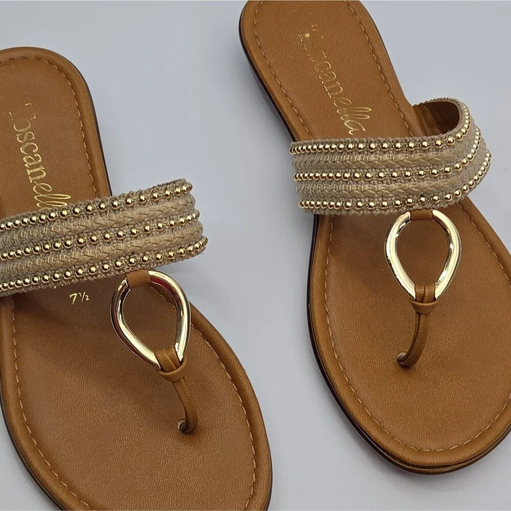 Toscanella Sandal Shoe Thong Flat Women Sz 7.5 Brown Gold Studs Slip-On Woven
